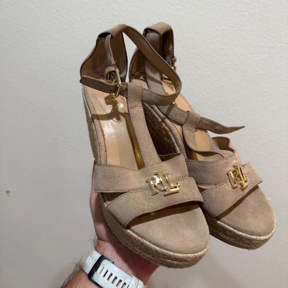 Lauren Ralph Lauren Hale Tan Suede Espadrille Wedge Sandals Gold RLL Logo 7.5B
